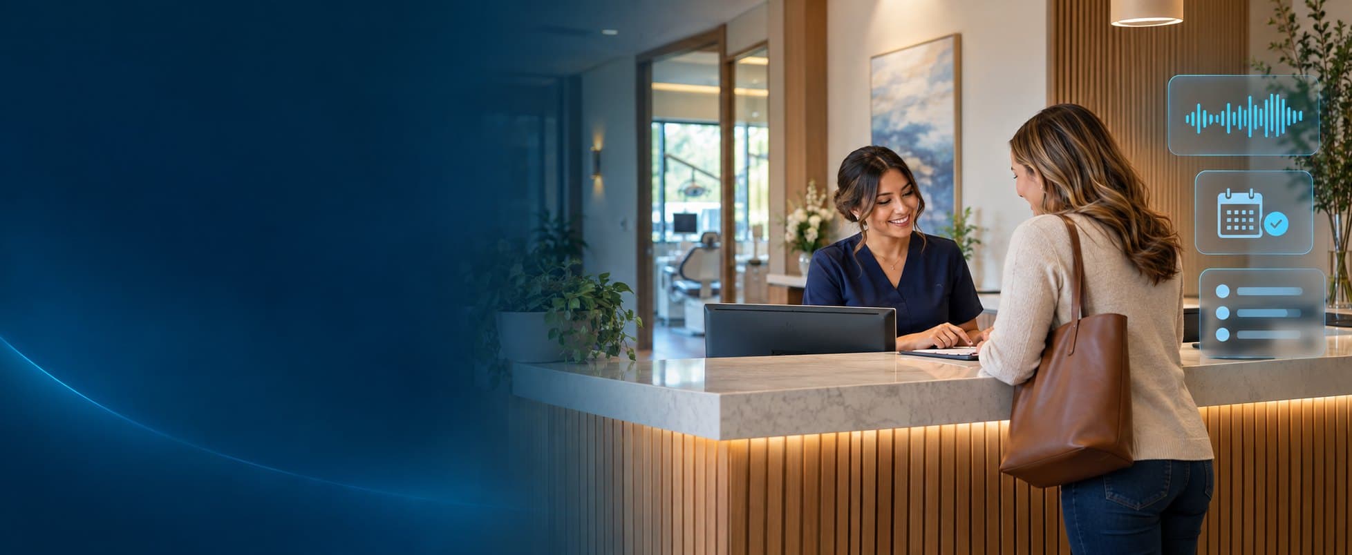A smiling front desk team member checks in a patient at a dental practice reception desk